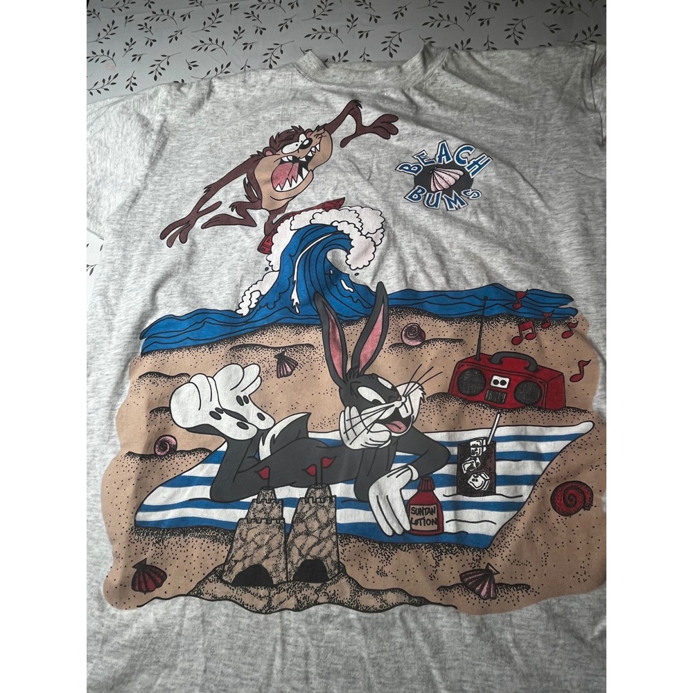 Vintage 90s College Ware Looney Tunes Beach Bums Bugs Bunny Taz TShirt Gray OSFA